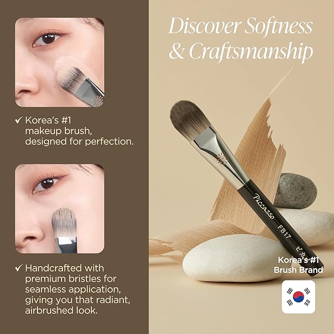 Piccasso FB17 Foundation Brush – Soft Makeup Brush for Liquid & Cream Foundation, Curved Bristles for Smooth and Flawless Face Makeup, Professional Tool for Base Layering, Korean Beauty Essential