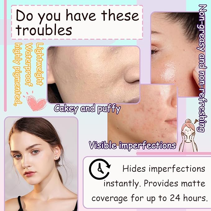 Air Cushion CC Cream Mushroom Head Foundation,Waterproof Long Lasting Loose Setting Powder,Moisturizing BB Cream Liquid Foundation Makeup Primer Concealer Base with Makeup Sponge(4PCS)