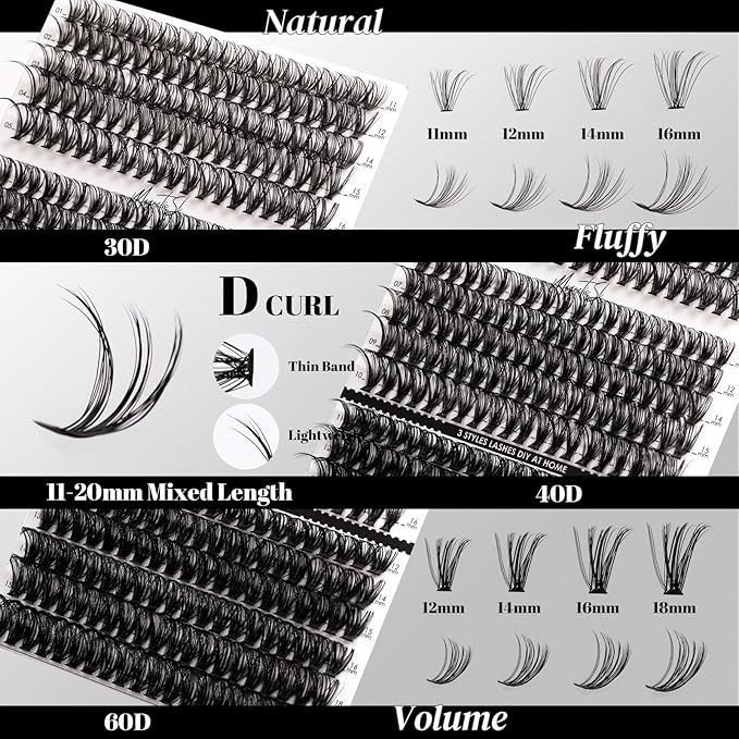 DIY Lash Extensions Kit 320pcs Individual Lashes Clusters 30D 40D 60D D Curl Eyelash Extension Kit with Applicator and Lash Bond&Seal, Lash Remover For False Eyelash Mix 11-20mm (30D+40D+60D KIT)