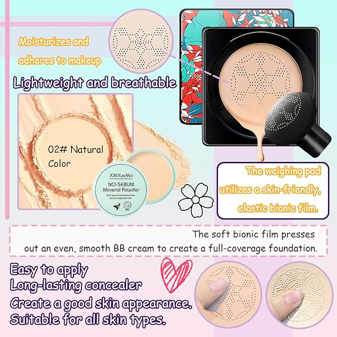 Air Cushion CC Cream Mushroom Head Foundation,Waterproof Long Lasting Loose Setting Powder,Moisturizing BB Cream Liquid Foundation Makeup Primer Concealer Base with Makeup Sponge(4PCS)