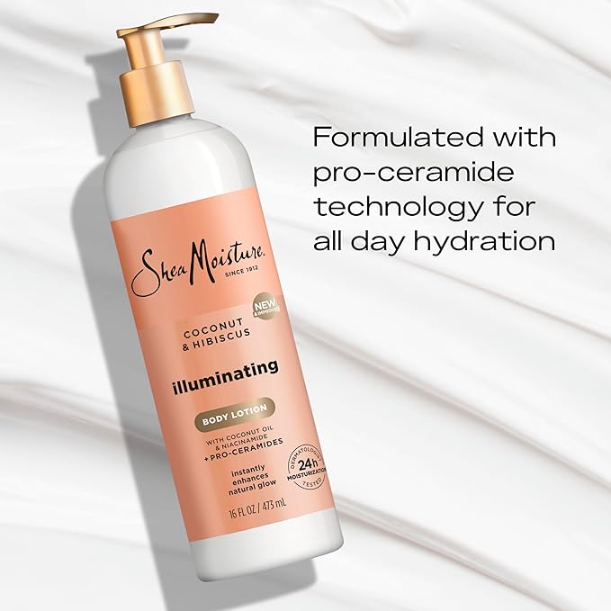 SheaMoisture Illuminating Body Lotion with Coconut Oil, Hibiscus, Niacinamide and Pro-Ceramides, Instantly Enhancing Skin's Natural Glow, 24H Moisturizing 16 oz