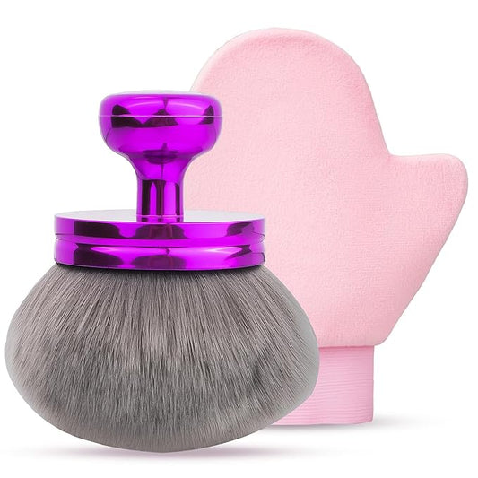 Self Tanner Brushes- Extra Large Body Kabuki Brush & Tanning Mitt, 2 Pcs, Big Body Makeup Brush for Legs, Face, Soft Self Tanning Glove Applicator for Fake Tan, Foundation, Lotion, Makeup (Purple)