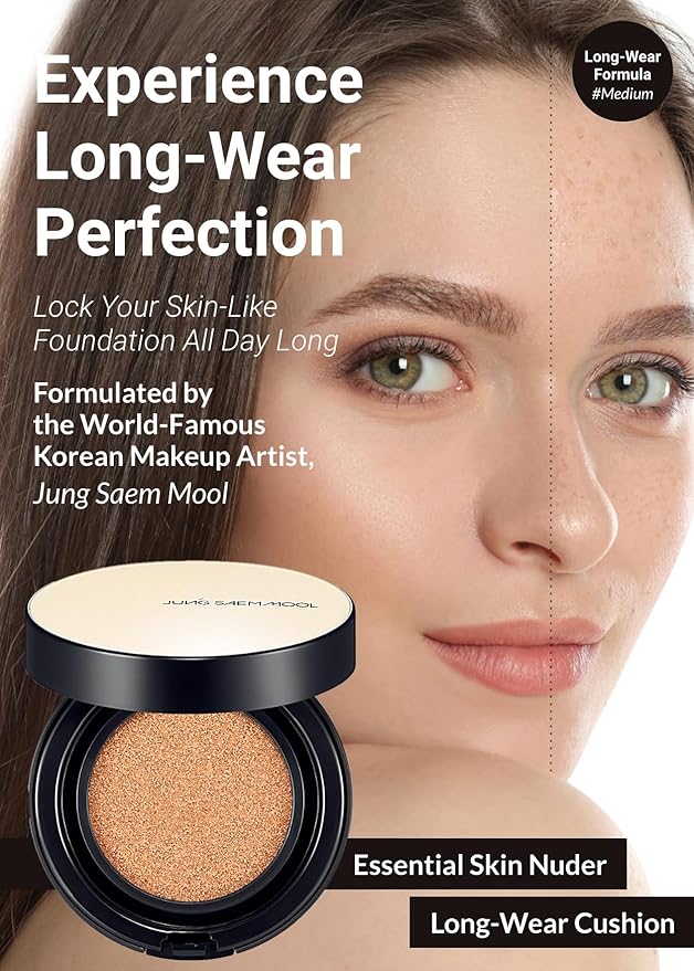 JUNG SAEM MOOL Essential Skin Nuder Longwear Cushion 0.98 Fl Oz (Medium), Refill Included, 24H Lasting Cushion Foundation with High Coverage, Semi-Matte Natural Finish, Korean Foundation Makeup