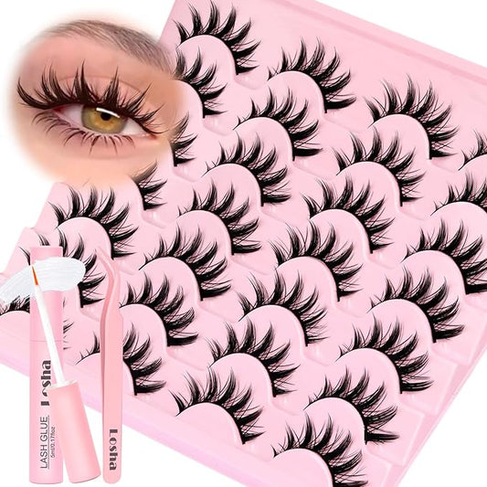 Losha Lashes Spiky Manga Lashes 14 Pairs Wispy False Eyelashes Natural Eye Lashes Kit with Lash Glue and Lash Tweezers Soft Anime Fake Eyelashes (Fairy)