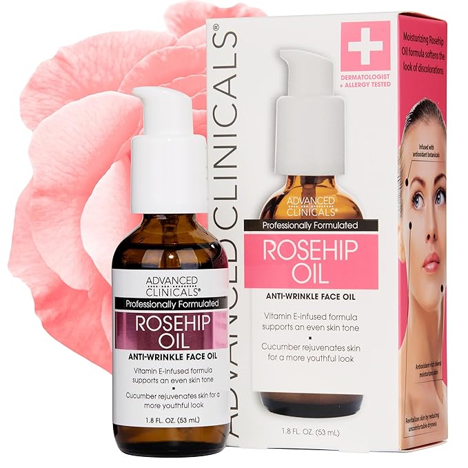 Advanced Clinicals Rosehip Oil For Face With Vitamin E + Botanicals Helps Improve Look Of Dark Spots, Wrinkles, Fine Lines, & Uneven Looking Skin Tone | Moisturizing Skin Care Face Serum, 1.8 Fl Oz