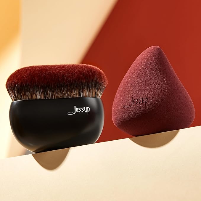 Jessup Foundation Brush with Makeup Sponge, Black Makeup Brush Flat Top Kabuki Brush for Liquid Blending Stippling, T881