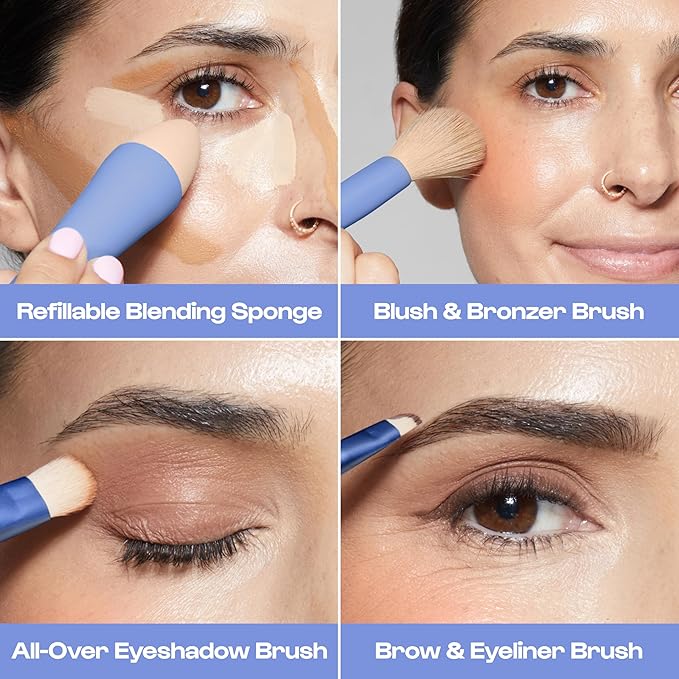 Alleyoop Multi-Tasker 4-in-1 Travel Makeup Brush Set – Compact Makeup Brushes with Blending Sponge, Eyeshadow, Eyebrow & Liner, Blush & Bronzer Brush – Mini Makeup Tools Kit for Women, Vegan