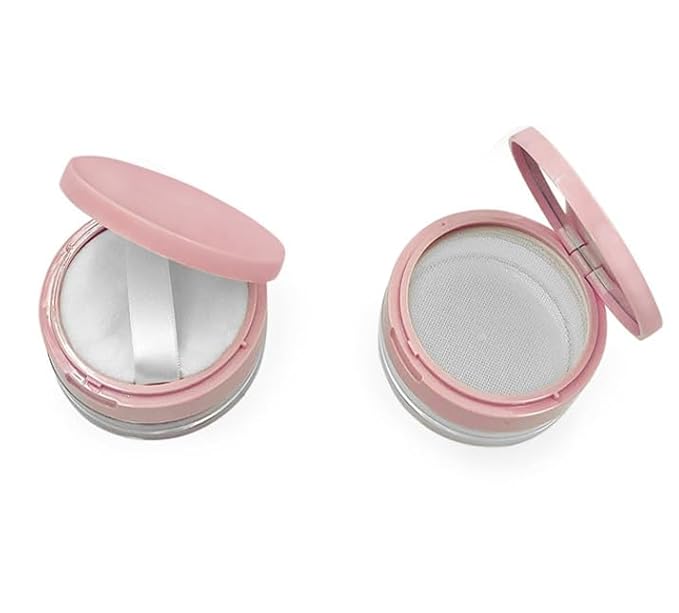 Loose Powder Cocntainer No Leaks Empty Reusable Plastic Loose Powder Compact Container Makeup Powder Case with Sponge Powder Puff,Elasticated Net Sifter and Pink Threaded Screw Lid