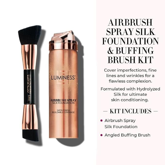 LUMINESS Silk Airbrush Spray Foundation & Buffing Brush Kit – Full Coverage Foundation & Dual-Sided Buffing Brush - Buildable Coverage, Anti-Aging Formula Hydrates & Moisturizes (Shade - Light Rich)