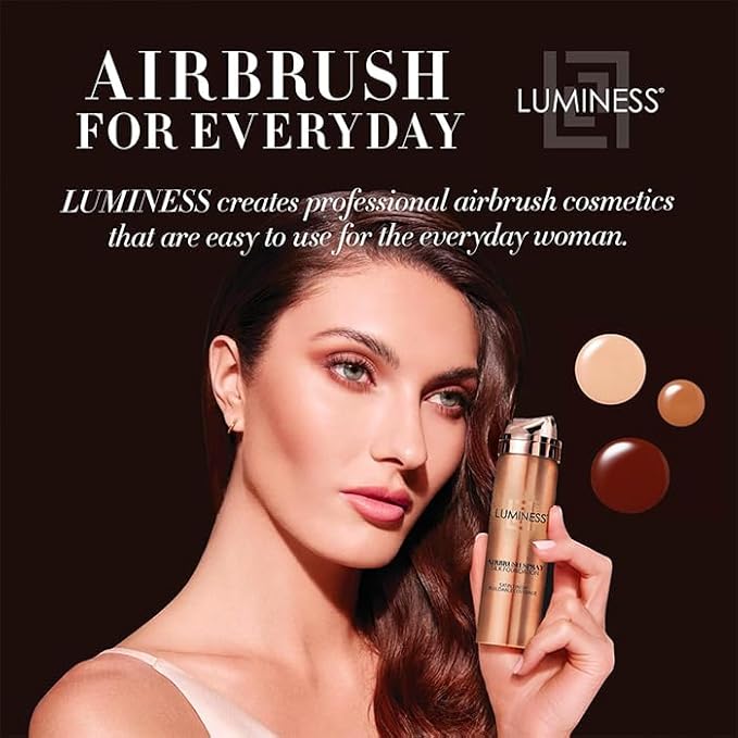 LUMINESS Silk Airbrush Spray Foundation & Buffing Brush Kit – Full Coverage Foundation & Dual-Sided Buffing Brush - Buildable Coverage, Anti-Aging Formula Hydrates & Moisturizes (Shade - Tan Dark)