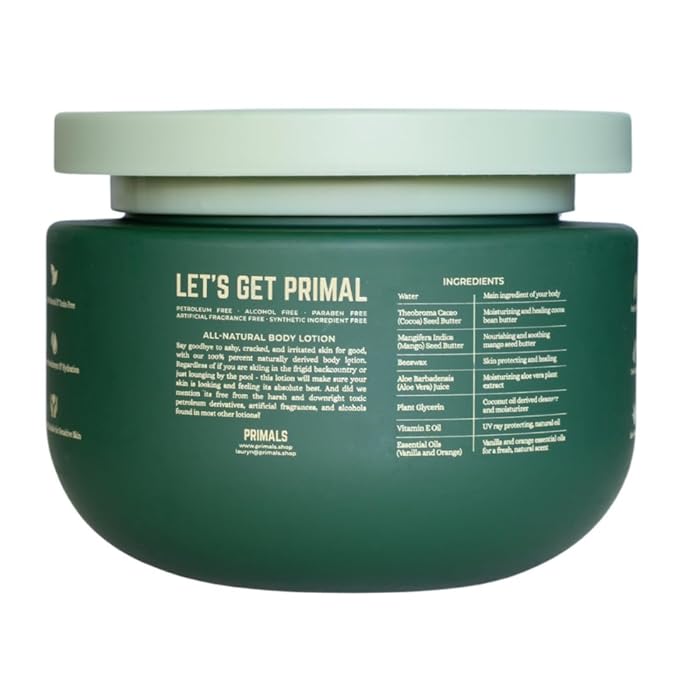 PRIMALS All Natural Body Lotion - Cocoa Butter & Mango Butter - 100% Naturally Derived Ingredients - Alcohol Free, Artificial Fragrance Free, Paraben Free, Petroleum Derivative Free - 8.45 oz