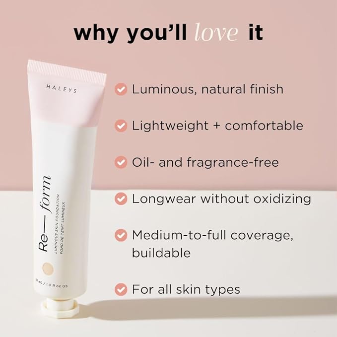 HALEYS Re-form Luminous Skin Foundation, VEGAN + CRUELTY-FREE, Blurs, Conceals, Blendable, Buildable Med-to-Full Coverage, Weightless, Oil-free, All-Day Wear, Hyaluronic Acid, All skin types (2.5)