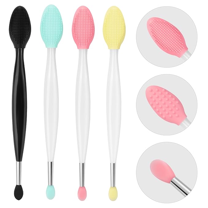 Unaone Lip Scrub Brush - 4 PCS Dual-ended Lip Scrubber Exfoliator and Silicone Lip Brush, 2-in-1 Silicone Lip Scrub Tool Lip Mask Applicator, Gentle Exfoliator & Applicator for Soft
