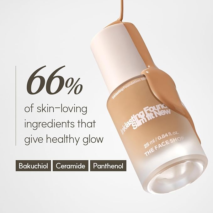 THE FACE SHOP Ink Lasting Liquid Foundation, Full Coverage, 72‑Hour Wear Semi‑Matte Finish, Makeup with Bakuchiol, C010 Fair Cool, 0.84 Fl. Oz.