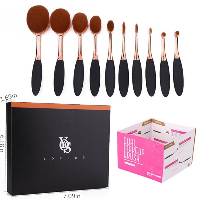 Yoseng Makeup Brushes Set 10Pcs Professional Oval Toothbrush Foundation Cream Contour Powder Blush Conceler Eyeliner Blending Brush New Fashionable Super Soft Cosmetic Brushes Tool with Box(Rose Gold)