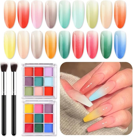 18 Colors Neon Phosphor Solid Pigment Powder Set for Ombre Nails, Fluorescent Nail Pigment Glitter Iridescent Rubbing Dust with Nail Ombre Brush for Gradient Nail Art Manicure DIY Accessories