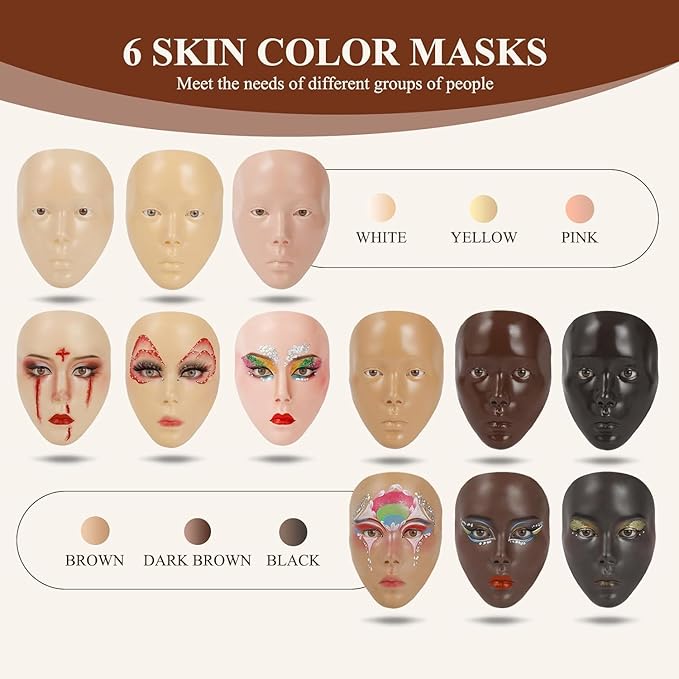 5D Makeup Practice Face Board, Makeup Practice Accessories Set with Face Painting Mannequin Head, Makeup Brushes, Face Painting and 2-in-1 Dual-Ended Eyebrow Pen, Makeup Practice Gift, Dark Brown