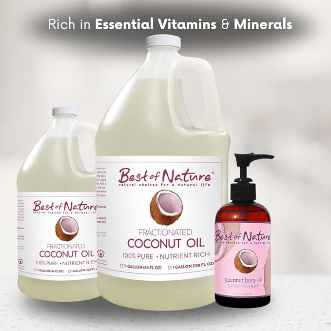 Best of Nature 100% Pure Fractionated Coconut Oil - Liquid MCT Massage & Body Oil, Unscented Moisturizer for Hair, Skin, Face, Aromatherapy Carrier for Essential Oils, Half Gallon (64 fl oz)
