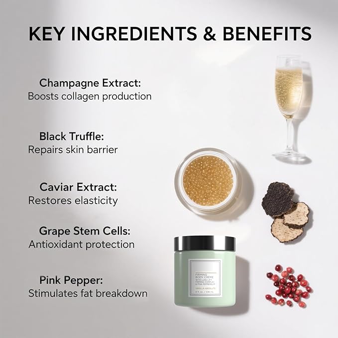 Champagne Firming Body Cream,Anti-Aging Tightening Cream with Luxe-Lift Complex,Skin Firming Cream for Hydrates Dry Skin, Fights Crepey Skin on Arms & Legs(8 Fl Oz, Sweet Almond Coconut)