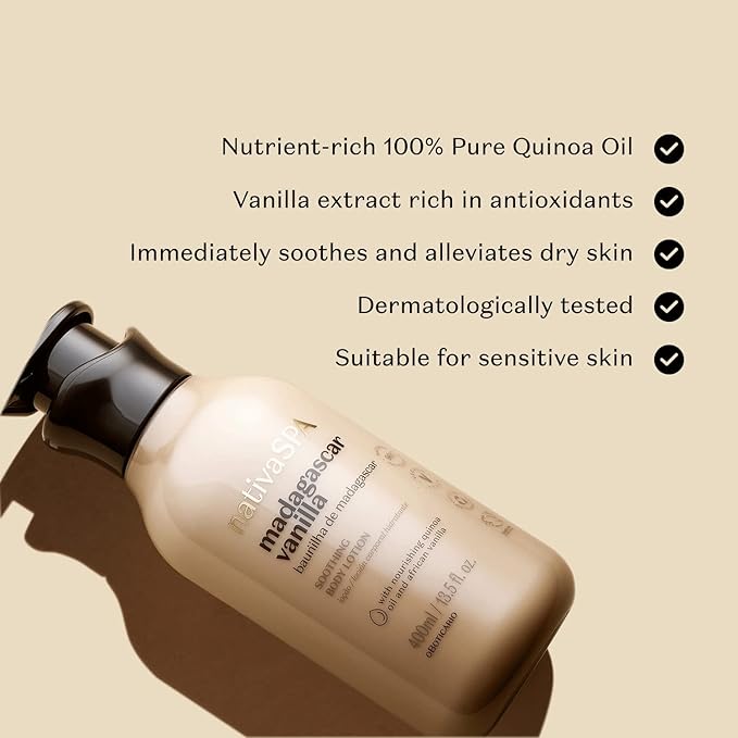 Nativa SPA by O Boticário, Madagascar Vanilla Moisturizing Body Lotion, Fragranced Skin Moisturizer with Purified Quinoa Drops, 13.5 Ounce