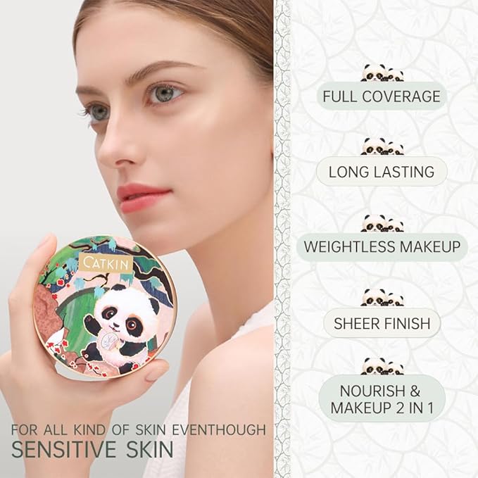 CATKIN Panda Land Full Coverage Cushion Fondation, Breathable Hydrating Nourishing Poreless Face Makeup Save for Sensitive Skin,Sheer Finish (C01 Fair)
