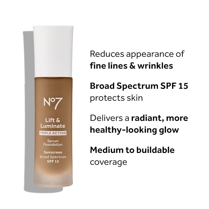 No7 Lift & Luminate Triple Action Serum Foundation - Liquid Makeup with SPF 15 for a Dewy, Glowy Base - Radiant Formula for Mature Skin - Cashew (30ml)