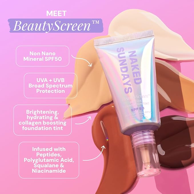 Naked Sundays BeautyScreen™ SPF 50 Mineral Peptide Foundation Tint – 2-in-1 Skin Tint & Mineral Sunscreen | Radiant, Buildable Coverage, Acne-Safe, Infused with Peptides (4 Medium honey, 1.01 fl oz)