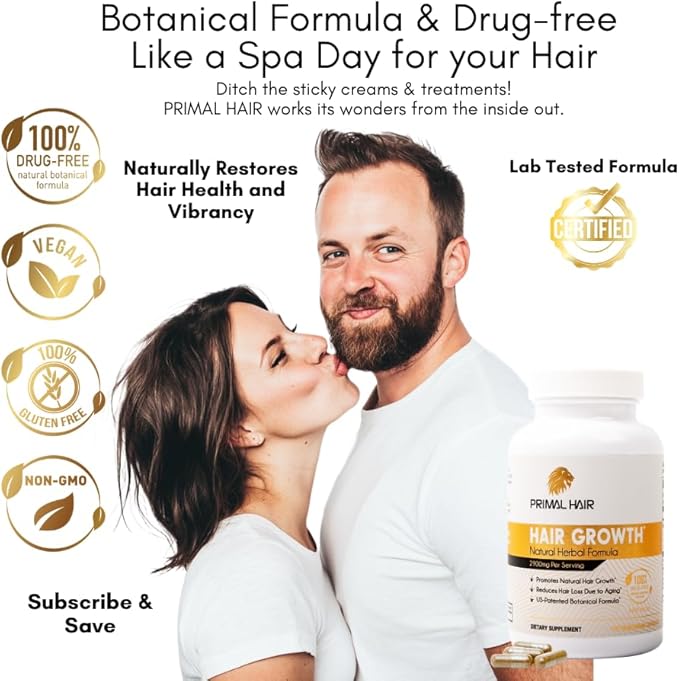 100% Natural Growth Treatment, Reduces Hair Loss, US Patented Formula Proven Effective for Men & Women, 100% Vegan Ingredients, Non-GMO, 30-Day Supply
