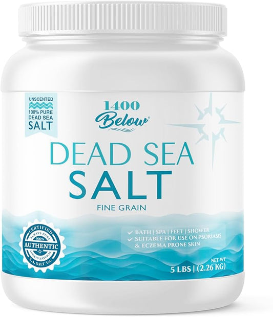 1400 Below 5 Lbs Jar Dead Sea Salt, Fine Grain - Foot and Spa Bath Soak, Exfoliating Body Scrub, 100% Pure and Mineral-Rich, Highest Mineral Content – Natural Muscle Tension Relief