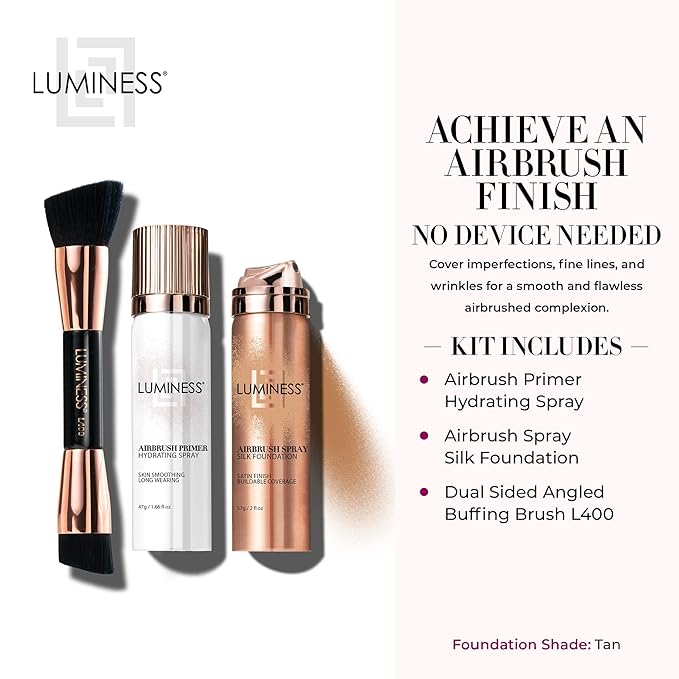 LUMINESS Airbrush Spray Silk Foundation Starter Kit - Tan - Foundation, Primer & Dual-Sided Angled Buffing Brush - Medium, Buildable Coverage, Anti-Aging Formula Hydrates & Moisturizes