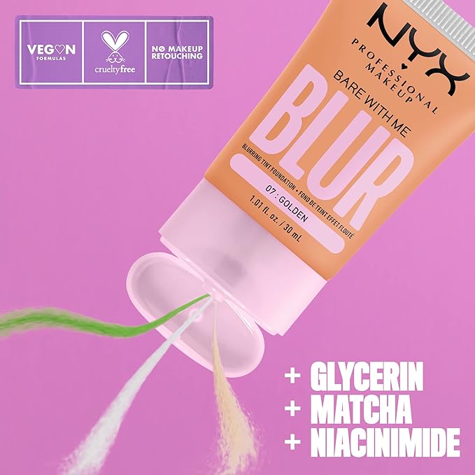 NYX PROFESSIONAL MAKEUP Bare With Me Blur Skin Tint Foundation Make Up with Matcha, Glycerin & Niacinamide - Golden