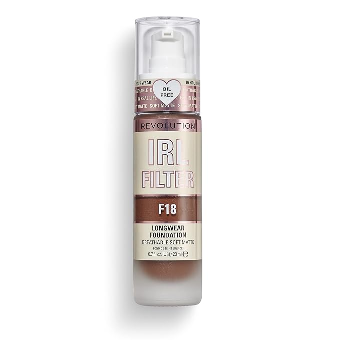Revolution Beauty, IRL Filter Longwear Foundation, Soft & Breathable Formula, Medium to Full Coverage, Matte Finish, F18, 0.7 Fl. Oz