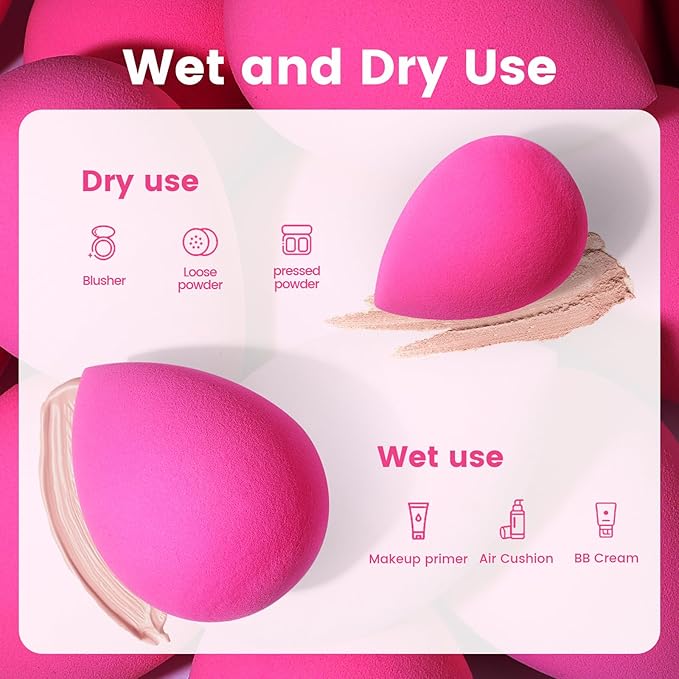 BEAKEY 5 Pcs Makeup Sponges, Latex-Free Beauty Sponge for Flawless Liquid, Cream, and Powder Application, Rose Pink Sponges