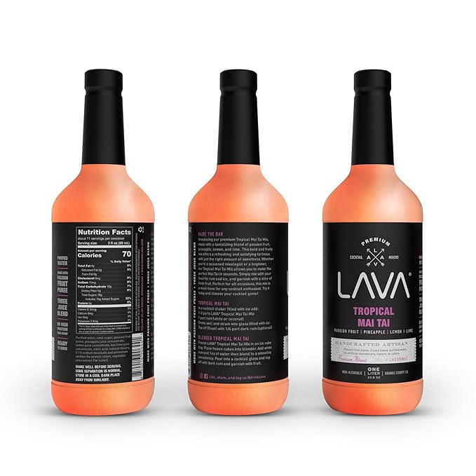 (3 Pack) LAVA Premium Tropical Mai Tai Cocktail Mix made with real passion fruit, pineapple, lemon and lime, no artificial sweeteners, 1-Liter (33.8oz) Glass Bottle, Ready to Use.