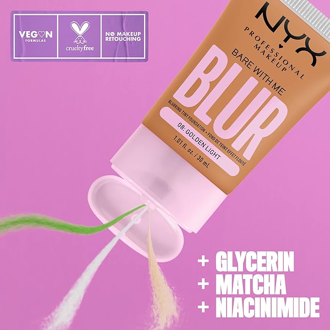 NYX PROFESSIONAL MAKEUP Bare With Me Blur Skin Tint Foundation Make Up with Matcha, Glycerin & Niacinamide - Golden Light