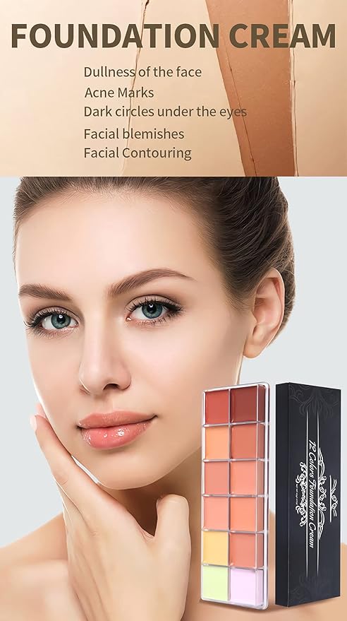 12 Color Correcting Concealer Palette, Cream Color Corrector Contour Makeup Palette，Contouring Foundation Highlighting Concealer Palette for Conceals Dark Circles, Redness, Acne, Blemish