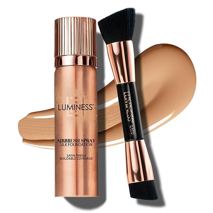 LUMINESS Silk Airbrush Spray Foundation & Buffing Brush Kit – Full Coverage Foundation & Dual-Sided Buffing Brush - Buildable Coverage, Anti-Aging Formula Hydrates & Moisturizes (Shade - Medium Warm)
