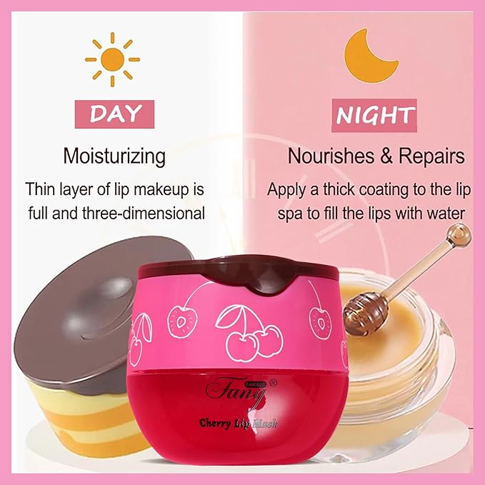 1 PCS Bee Lip Balm Lip Mask Honey Pot, Cherry Moisturizing Sleeping Lip Mask Overnight with Sticks, Lip Balm Honey Pot Lip Balm Hydrating Prevention Dry and Crack Lip Scrubs Exfoliator
