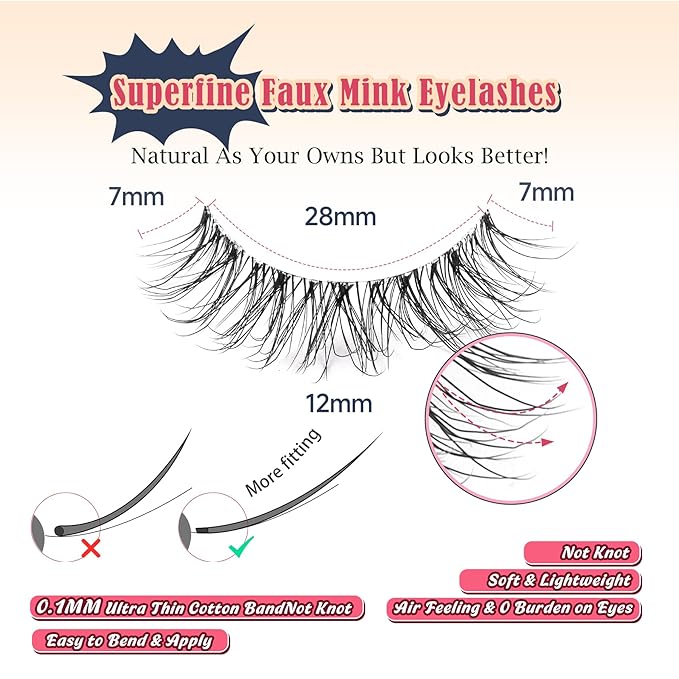 Natural Lashes False Eyelashes 12 MM Short Lashes WIspy 3D Volume Fake Eyelashes Pack C Curl Soft Eye Lash with Thin Cotton Band 7 Pair False Lashes Siligli