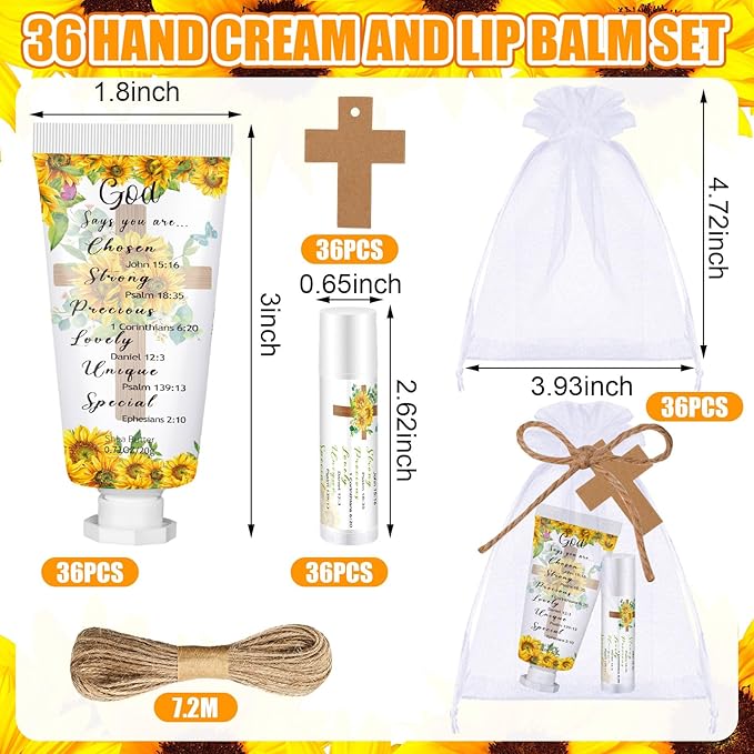 144 Pcs Christian Lip Balm Hand Cream Set Party Favors, Include 36 Bible Lip Balm 36 Moisturizing Hand Cream 36 Bags 36 Cards and Ropes for Accessories Gifts (Biblical, Sunflower)