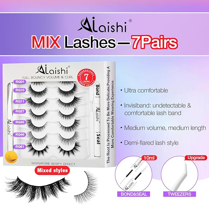 Wispy False Eyelashes Kit With Bond, Seal and Tweezer, 7 Pairs Natural Look Fake Cat Eye Lashes Strips Thin Band Extensions Waterproof Easy Eyelashes for Beginners RQ7Variety Mix