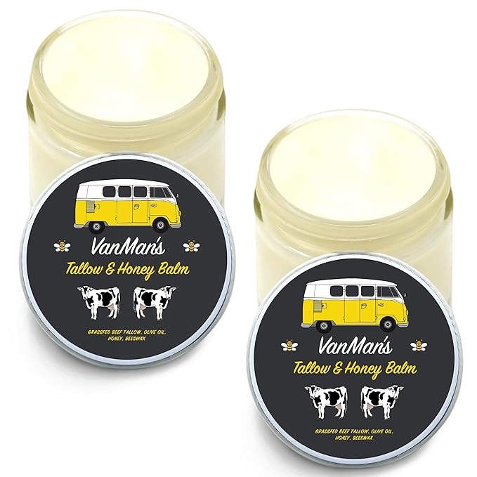 Vanman's Tallow and Honey Balm With No Added Scent (2 Pack) - Beef Tallow Face Moisturizer with Grass-Fed/Finished Beef Tallow for Skin, Organic Raw Honey and Beeswax, Cold Pressed Olive Oil - 2.5 oz