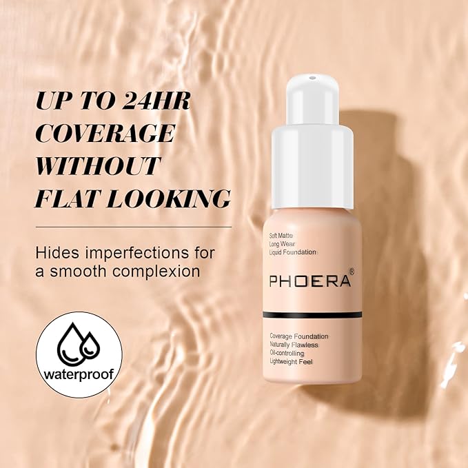 PHOERA Foundation Full Coverage Liquid Foundation Cream - Long-lasting Lightweight Concealer - Oil-Free Formula - Natural Shade - Suitable for All Skin Types (Nude #102)