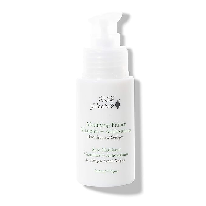100% PURE Mattifying Face Primer Plumping Makeup Base & Moisturizer with Anti-Aging Seaweed Collagen - Long-Lasting Matte Pore Diminishing Cosmetics Prep, Flawless Smooth Skin Hydration - 1 oz