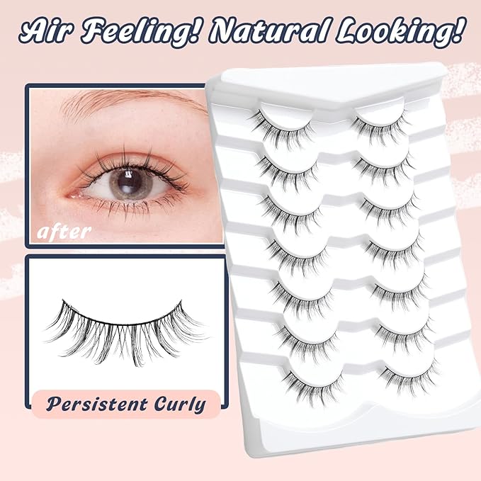 Manga Lashes Natural False Eyelashes 10MM Short Anime Lashes Thin Band Korean Lashes 3D Volume Strip Lashes Wispy Manhua Eyelashes 7 Pair Asian Lashes Siligli