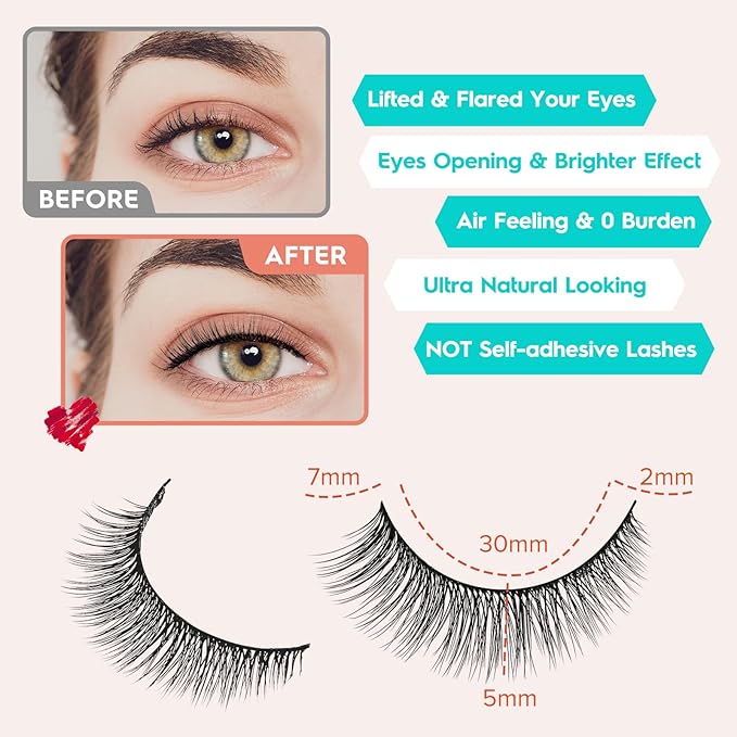 Natural Lashes 7MM Extra Short Eyelashes Natural Cat Eye Lashes 10 Pair False Eyelashes Wispy Eye Lashes Pack C Curl Strip Lashes 3D Volume Short Lashes Siligli Eyelashes