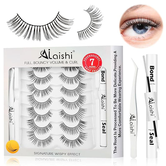 Wispy False Eyelashes Kit With Bond, Seal and Tweezer, 7 Pairs Natural Look Fake Cat Eye Lashes Strips Thin Band Extensions Waterproof Easy Eyelashes for Beginners DF1