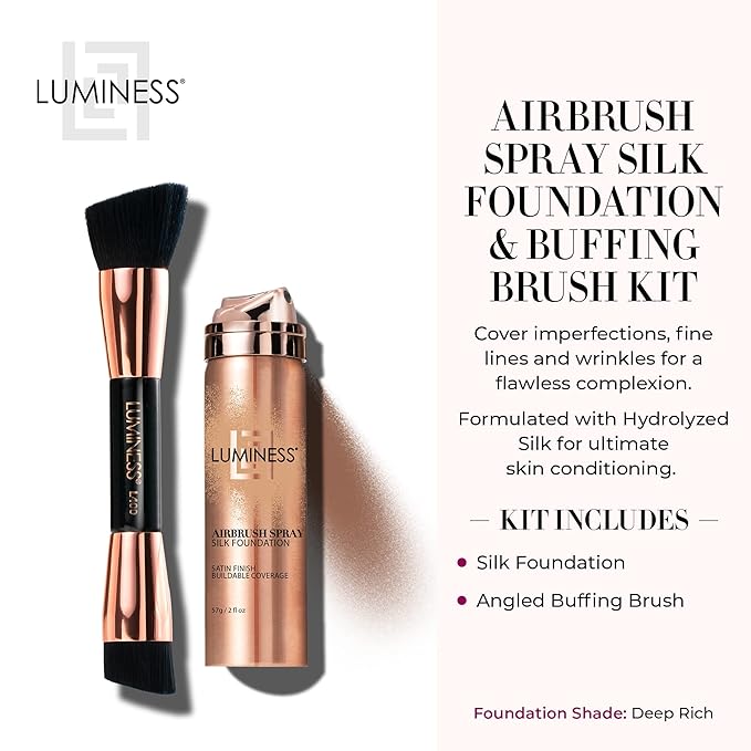 LUMINESS Silk Airbrush Spray Foundation & Buffing Brush Kit – Full Coverage Foundation & Dual-Sided Buffing Brush - Buildable Coverage, Anti-Aging Formula Hydrates & Moisturizes (Shade - Deep Rich)