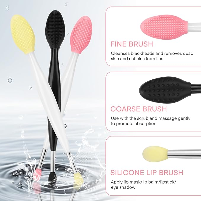 Unaone Lip Scrub Brush - 3 PCS Dual-ended Lip Scrubber Exfoliator and Silicone Lip Brush, 2-in-1 Silicone Lip Scrub Tool Lip Mask Applicator, Gentle Exfoliator & Applicator for Soft