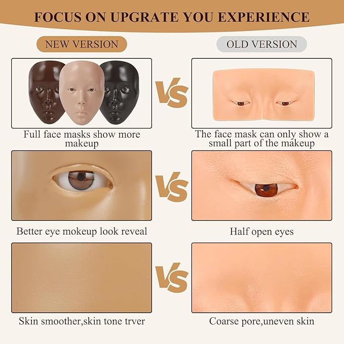 Make Up Practice Face, Face Painting Mannequin Head with Stand, 5D Reusable Silicone Face Practice Board, Mannequin Head for Makeup with Makeup Kit, Practice Face for Makeup Artist & Beginner, Brown